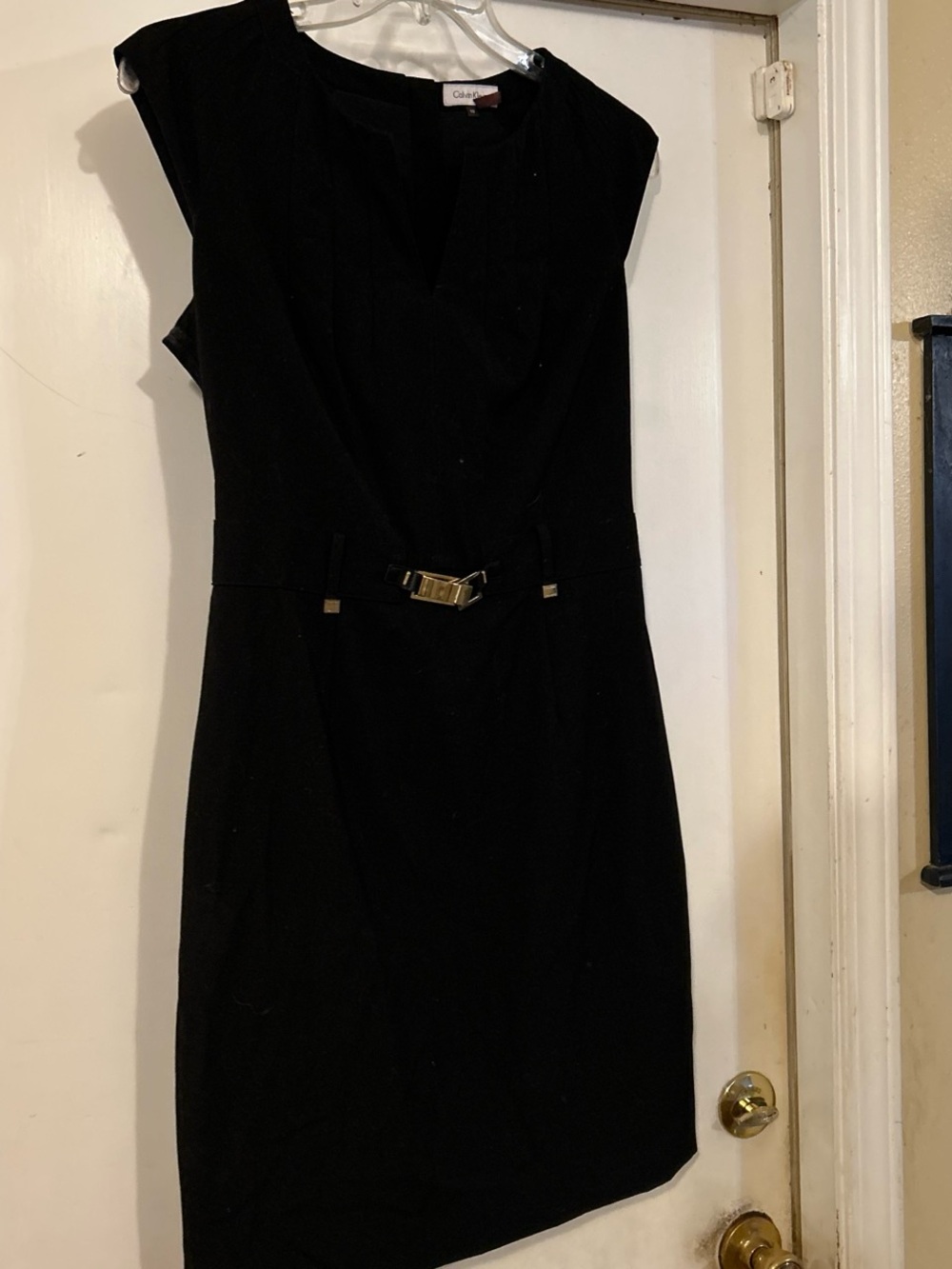 Calvin Klein Black Sheath Dress with Gold Buckle